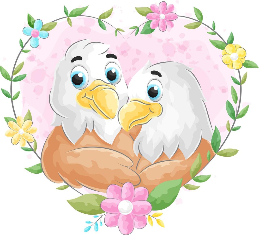 Cute doodle eagle with flower and leaves frame, watercolor illustration vector
