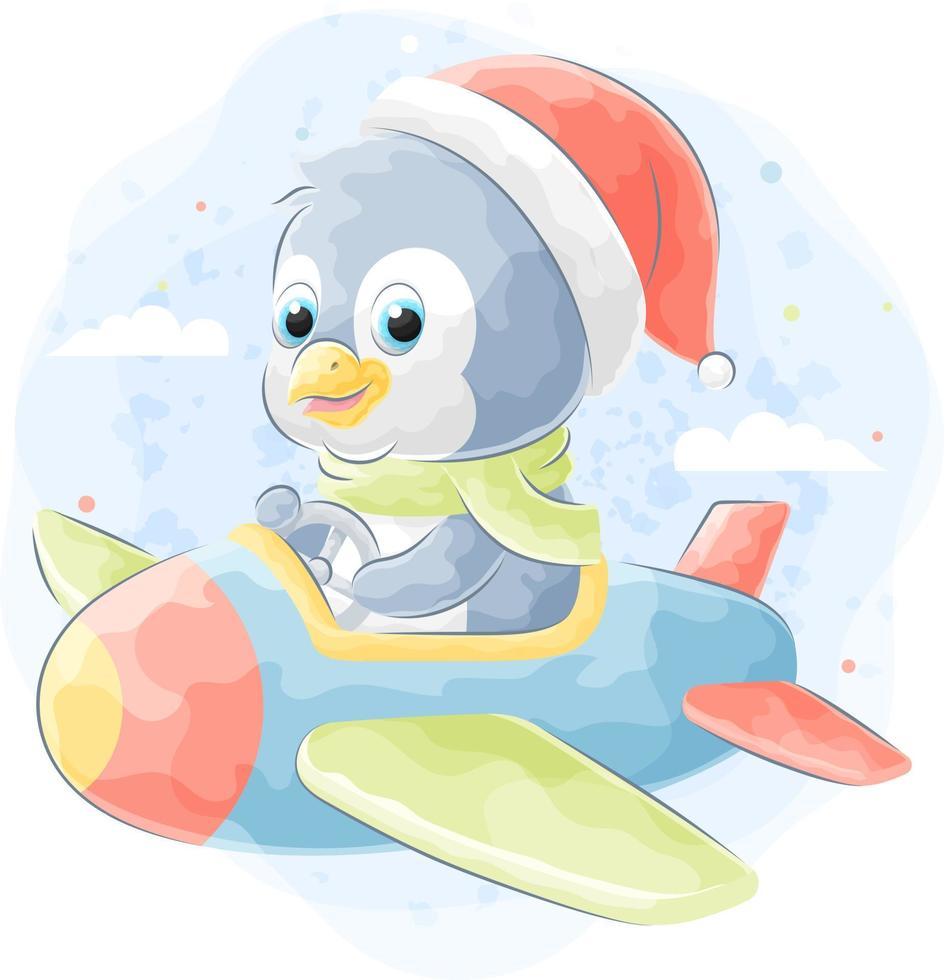 lindo pingüino garabato montando un avión con ilustración de acuarela vector