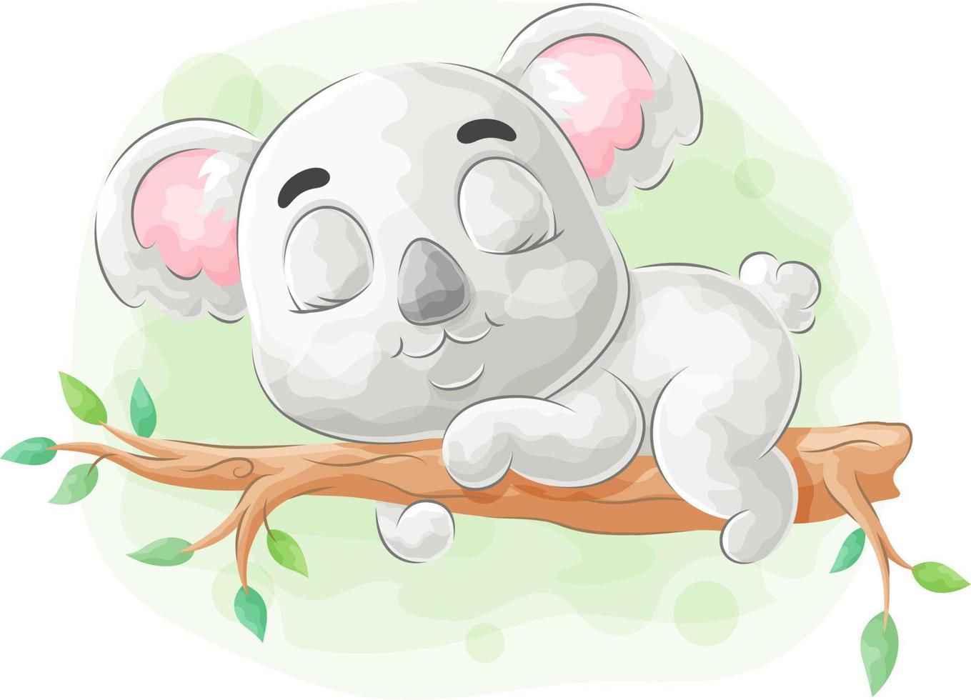 Cute doodle koala sleeping on tree with watercolor illustration vector