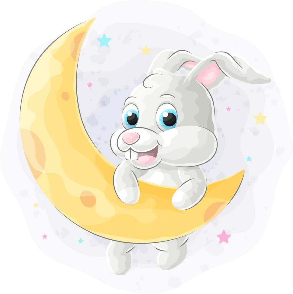 Cute doodle bunny on the moon with watercolor illustration vector