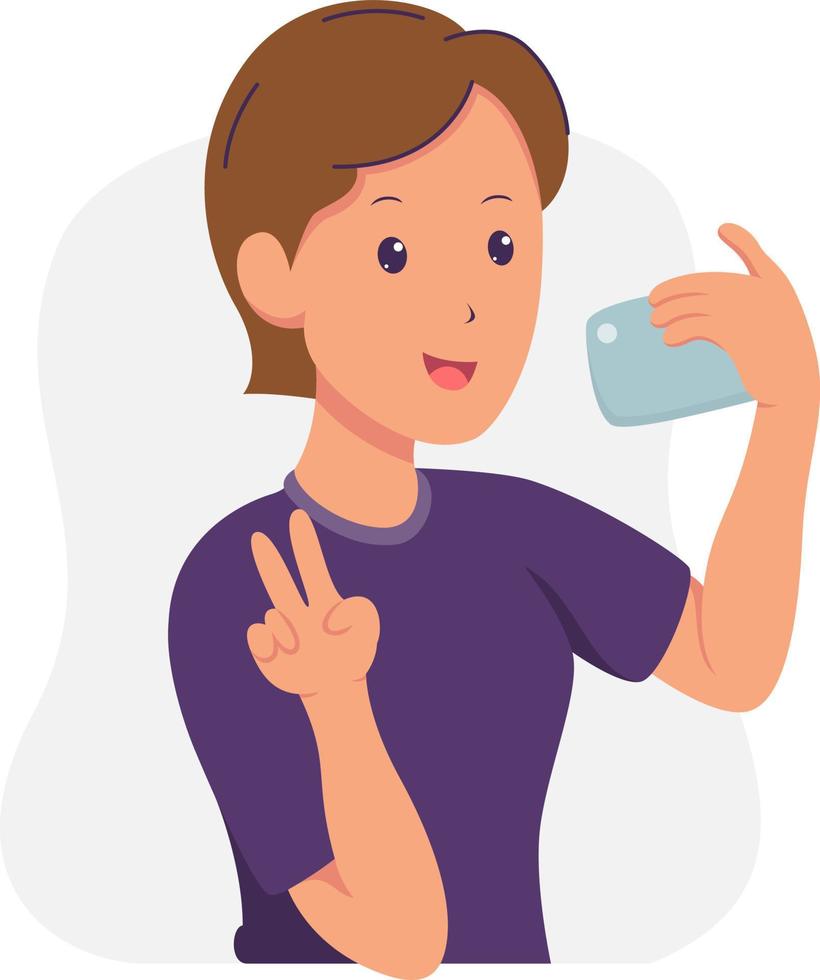 portrait of woman taking selfie using her smartphone in peace style vector