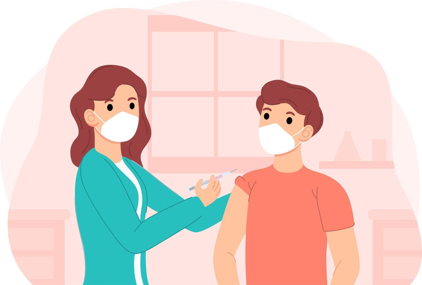 Flat-hand drawn doctor injecting vaccine to patient vector