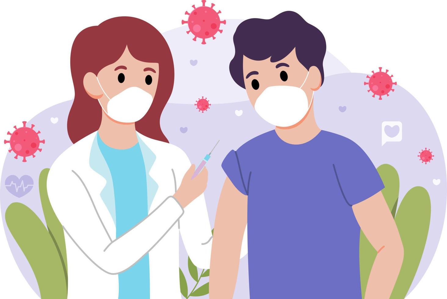 Flat-hand drawn doctor injecting vaccine to patient vector