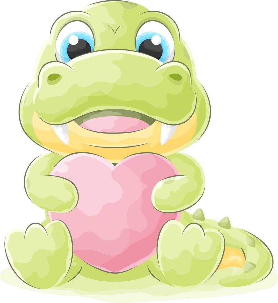 lindo doodle cocodrilo abrazando globo en forma de corazón con ilustración de acuarela vector