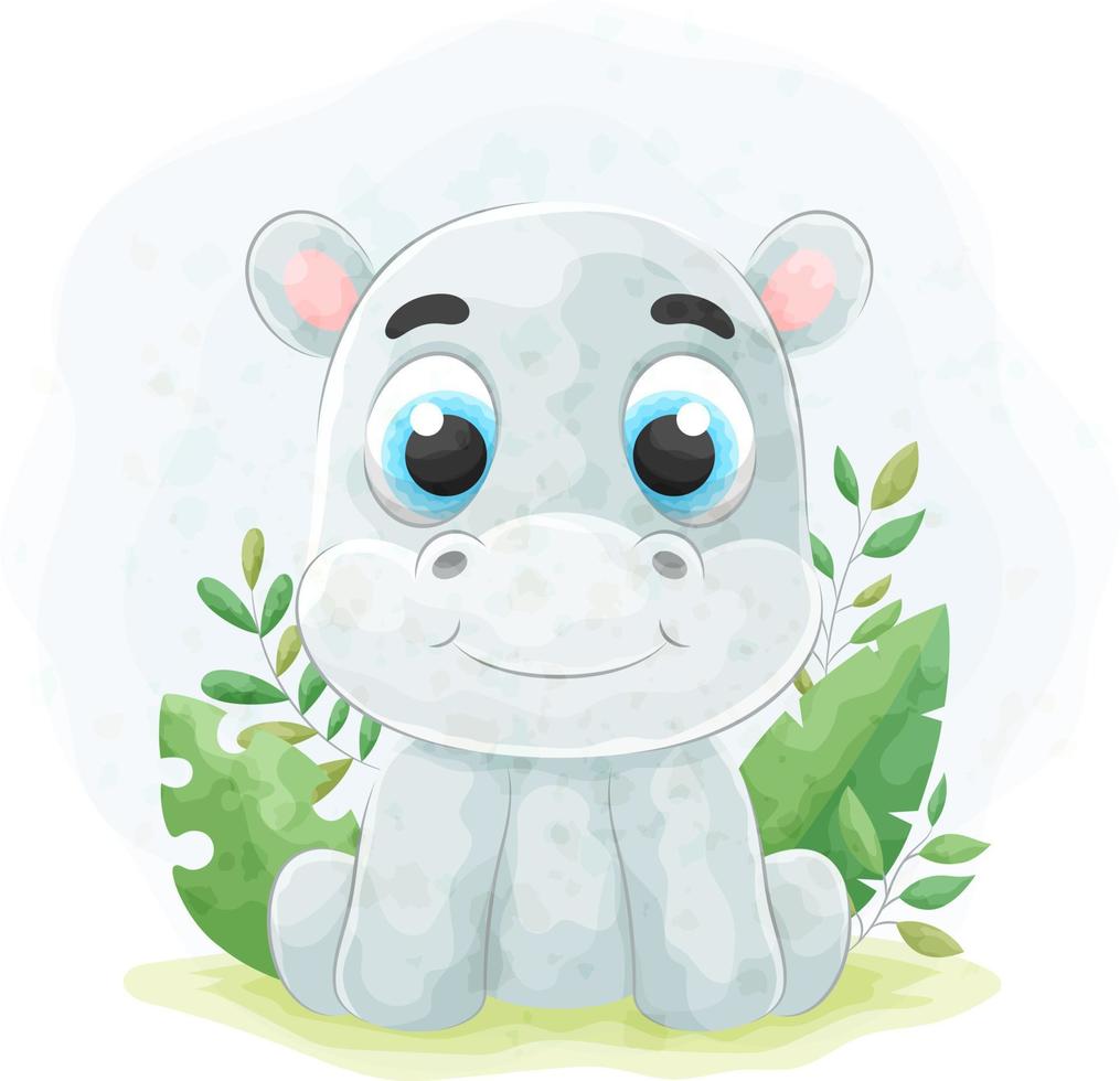 Cute doodle hippopotamus with watercolor illustration vector