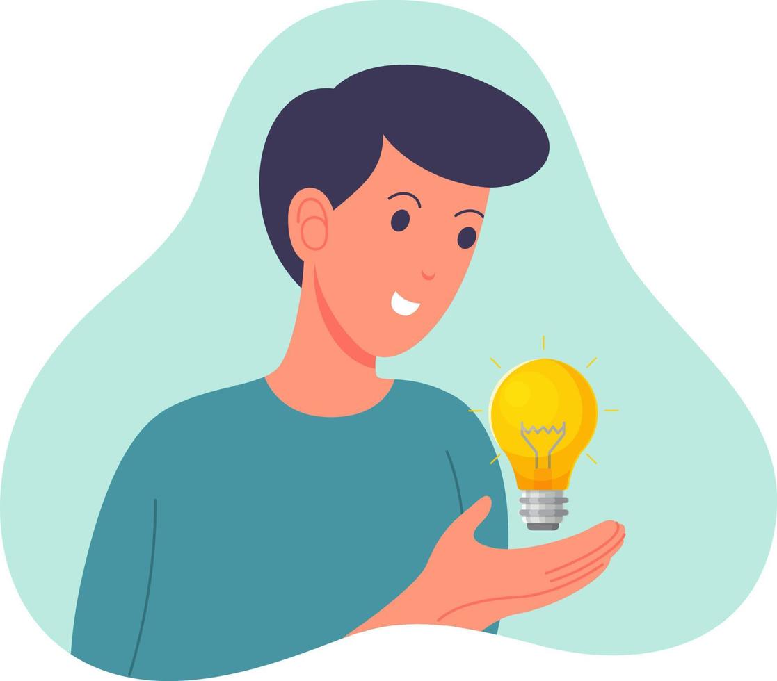 concept of a young man finding an idea, with a light symbol vector