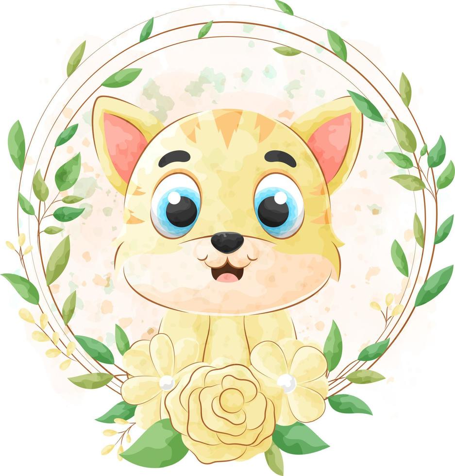 lindo gato y flora marco dibujos animados animal acuarela ilustración vector