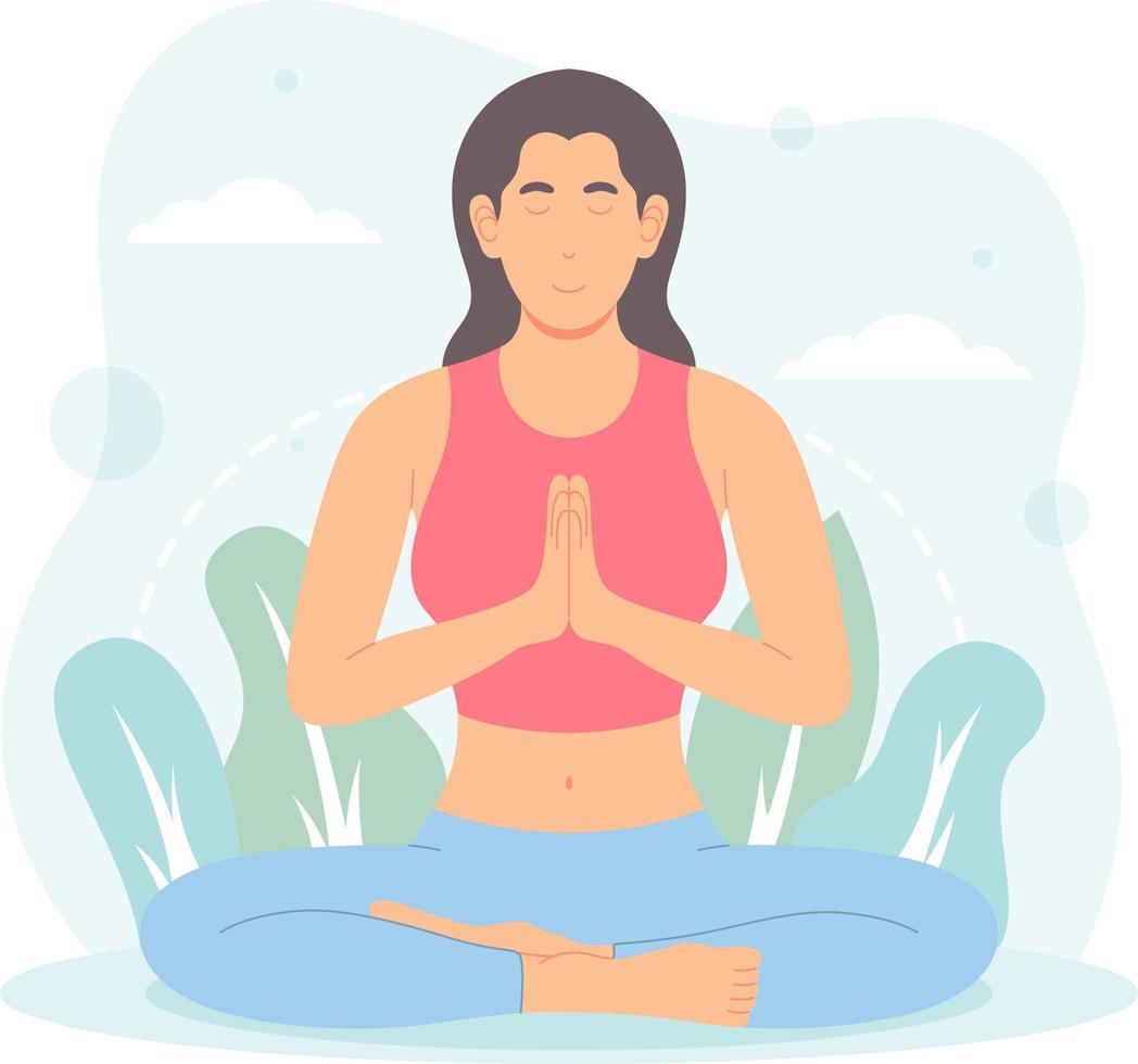 personaje de niña de diseño plano en posición de yoga vector