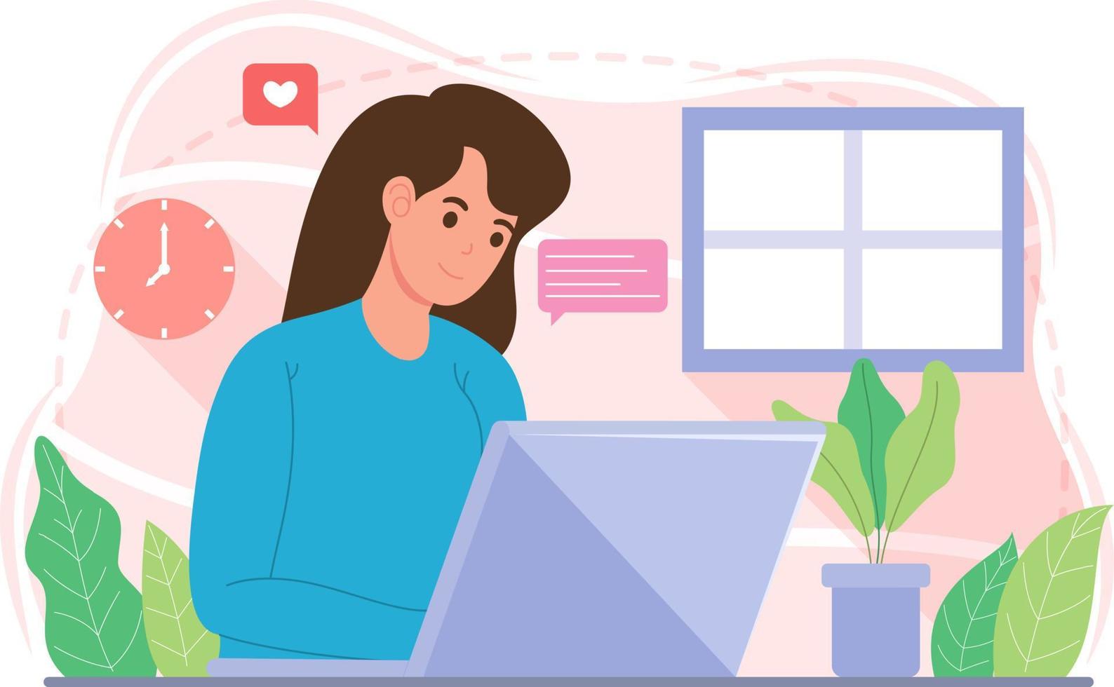 Woman working at laptop from home illustration vector