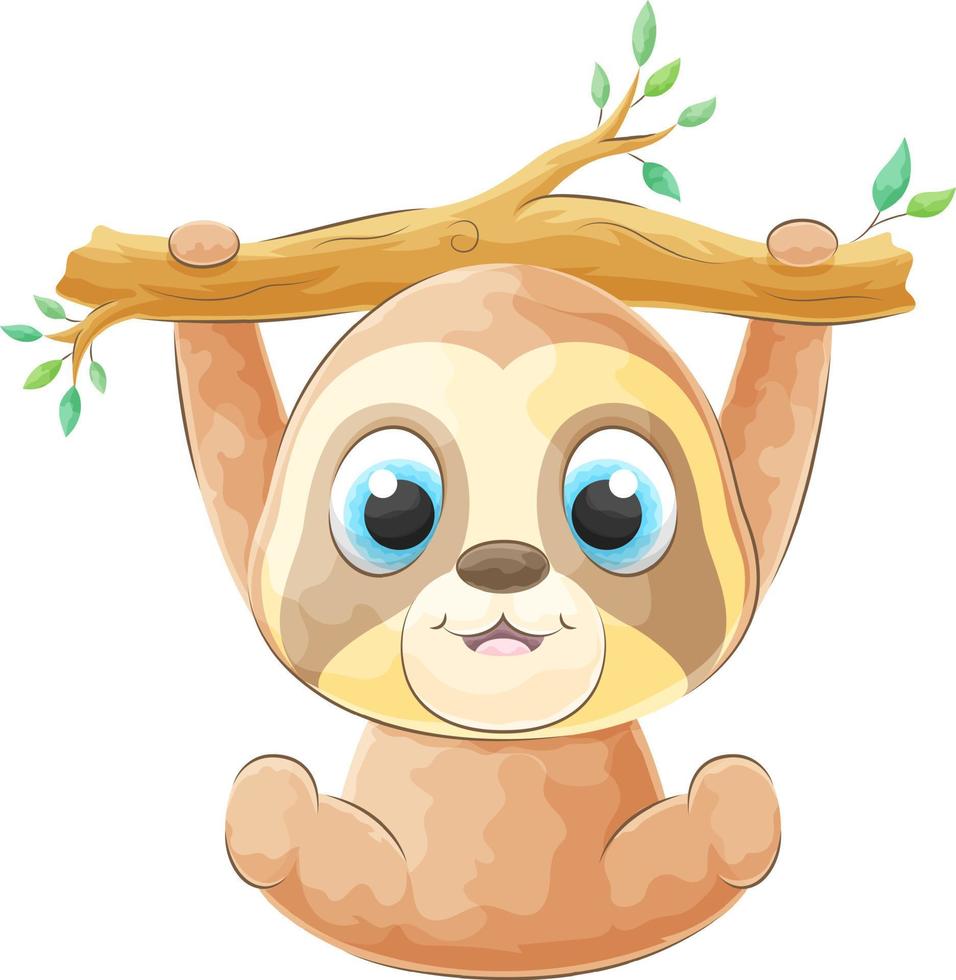 cute doodle sloth swinging on a tree branch with watercolor illustration vector