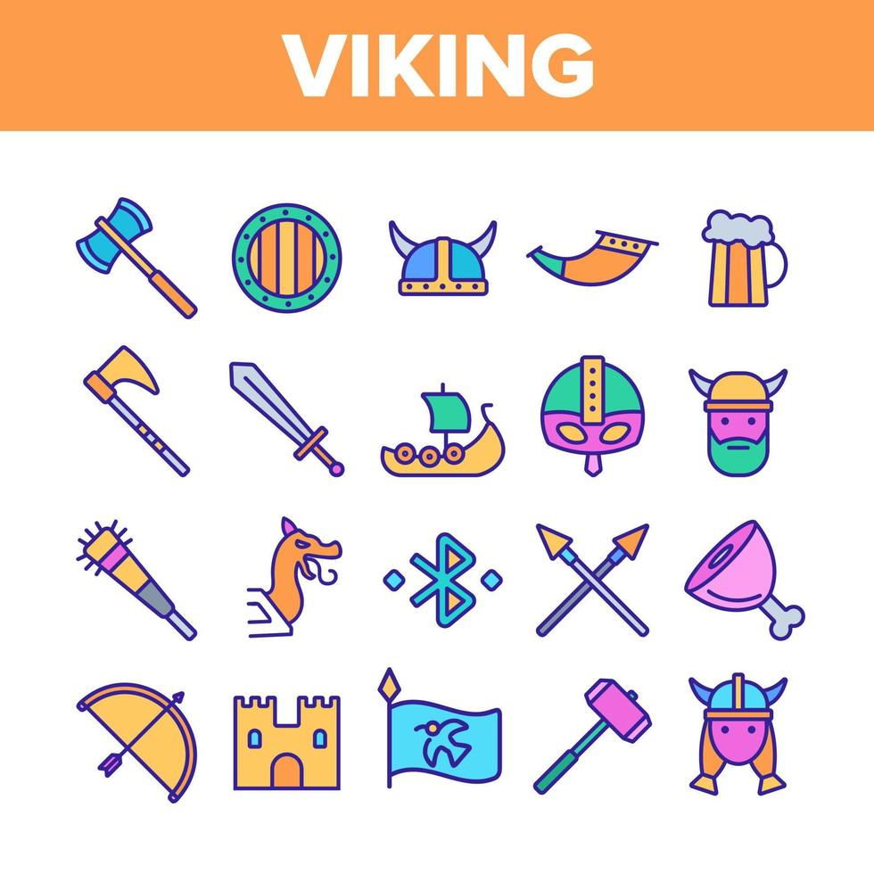 conjunto de iconos de línea de color de vector de descanso activo de vida de vikingos