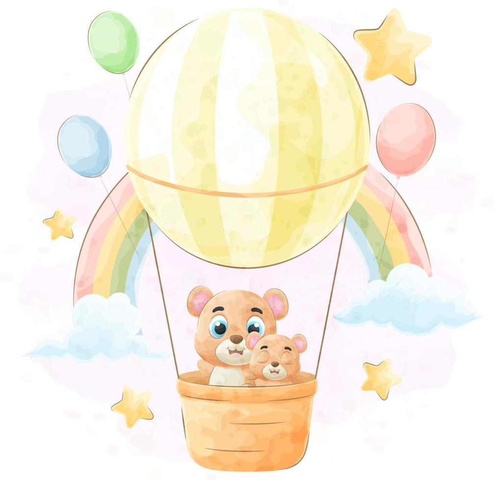 Cute doodle Bear riding a hot air balloon with watercolor illustration vector