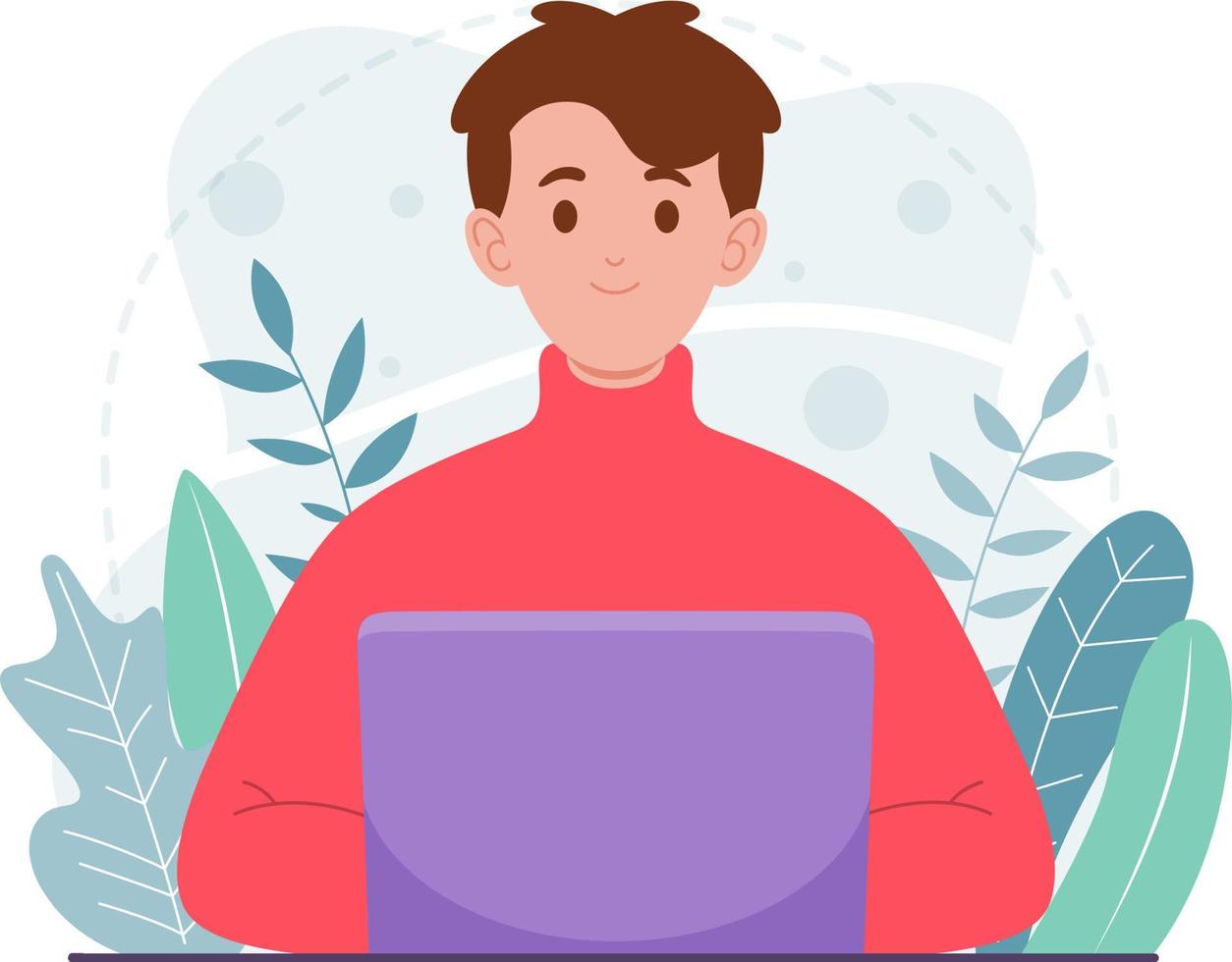 Flat illustration of character working on laptop at home vector