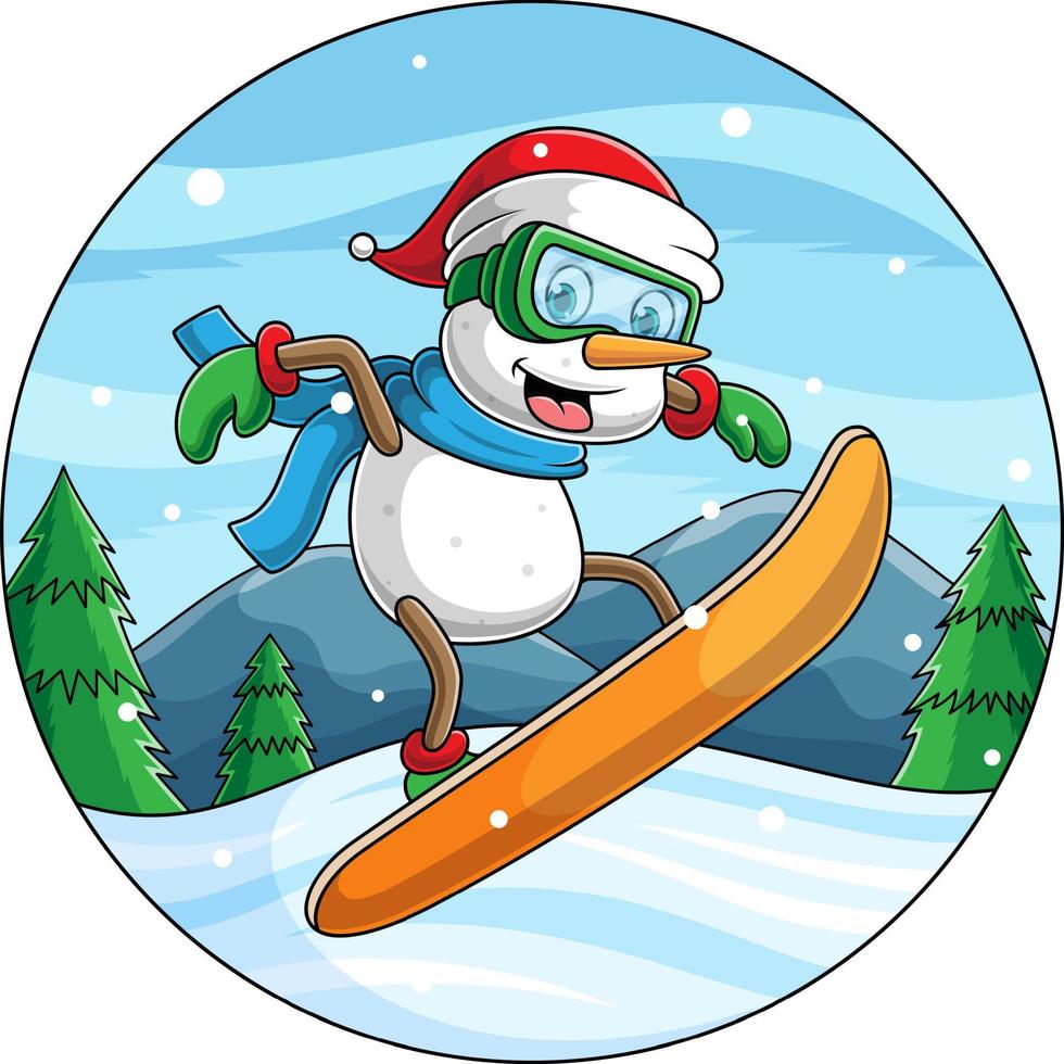 vector cartoon snowman skiing on a winter background