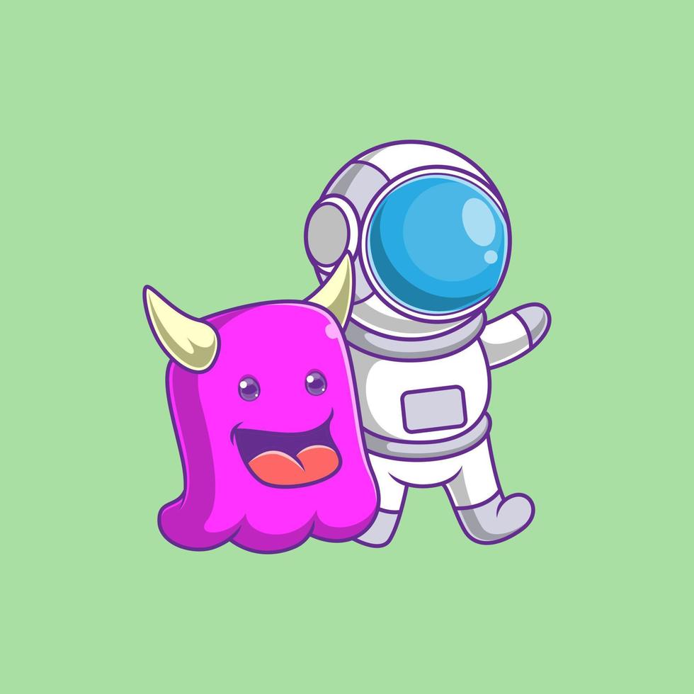 astronaut cartoon with cute monsters vector