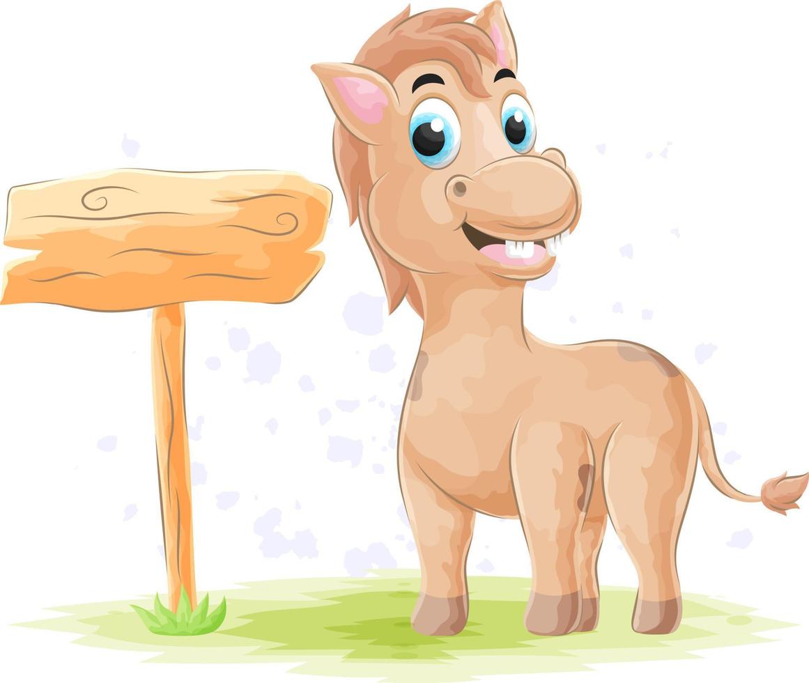 lindo caballo con letrero de madera, ilustración acuarela vector