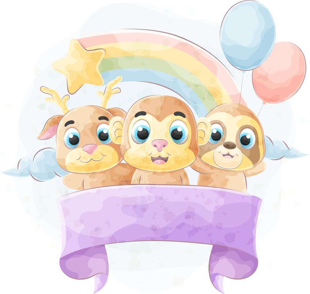 Animal friends on the cloud with rainbow vector