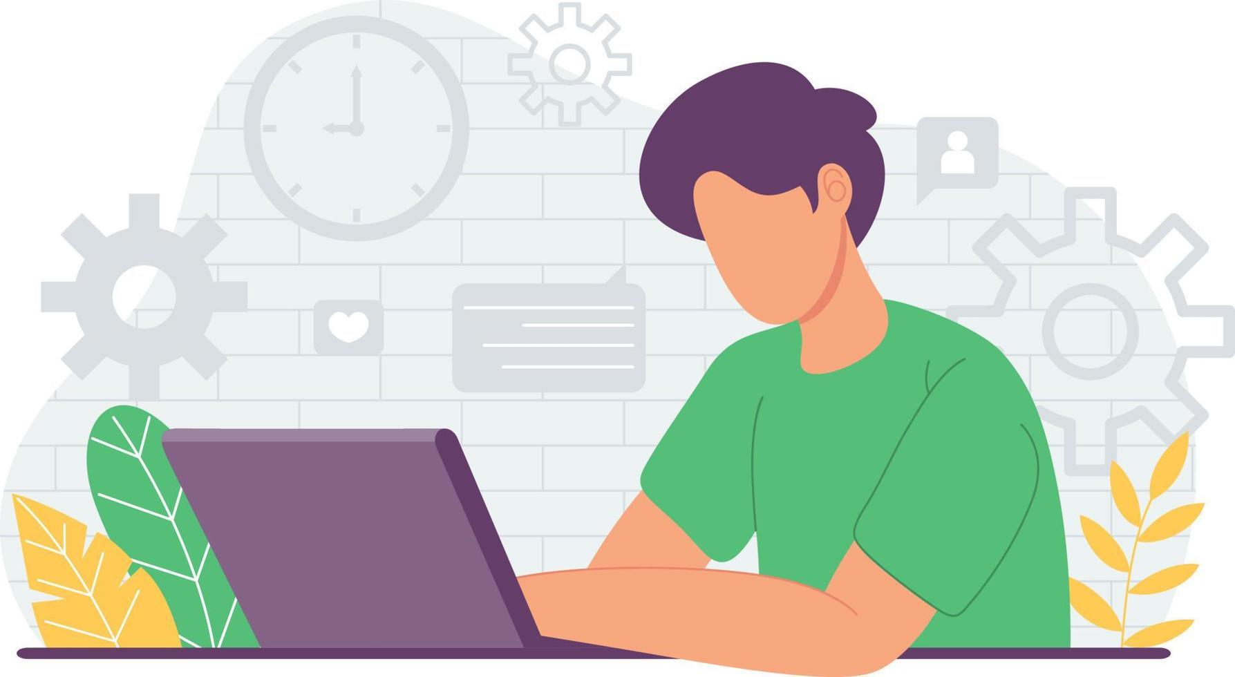 Young man working at laptop from home illustration vector