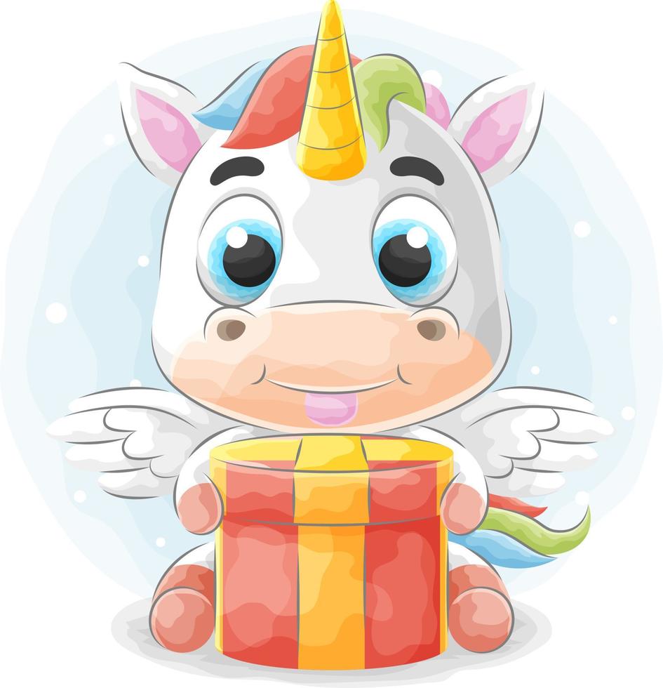 lindo garabato unicornio trae un regalo con ilustración de acuarela vector