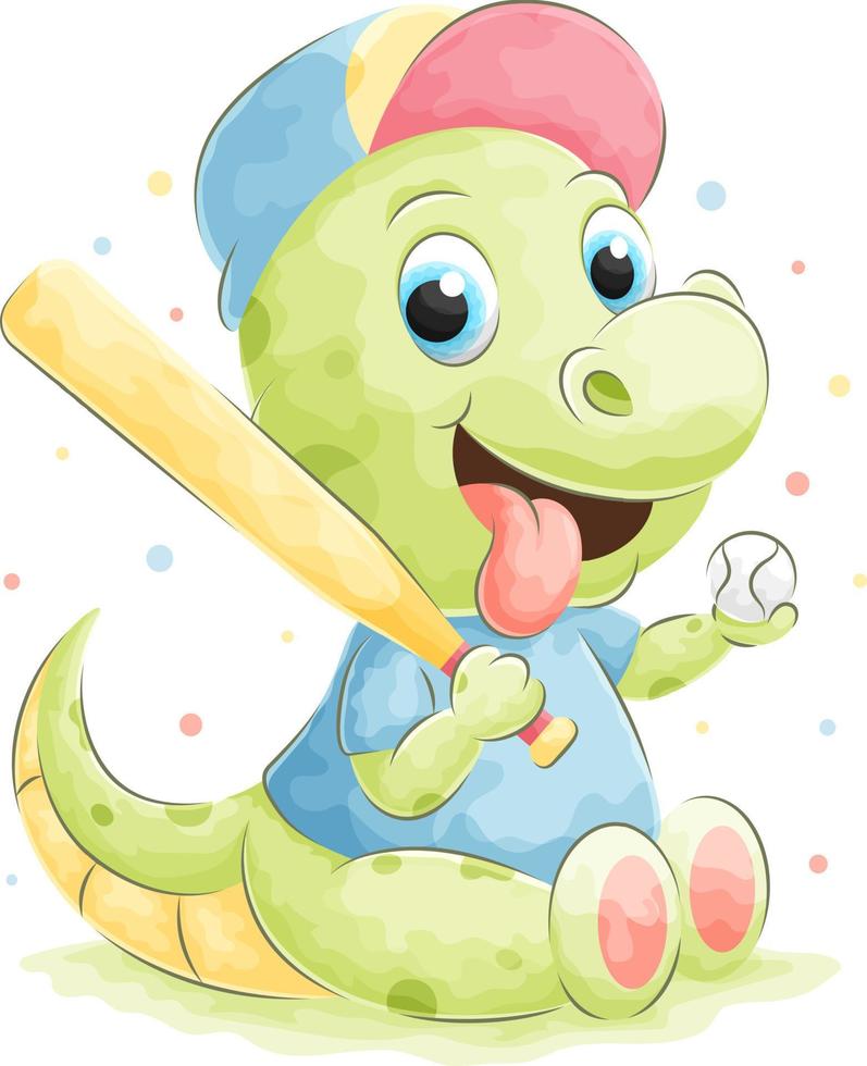Cute doodle crocodile playing baseball with watercolor illustration vector
