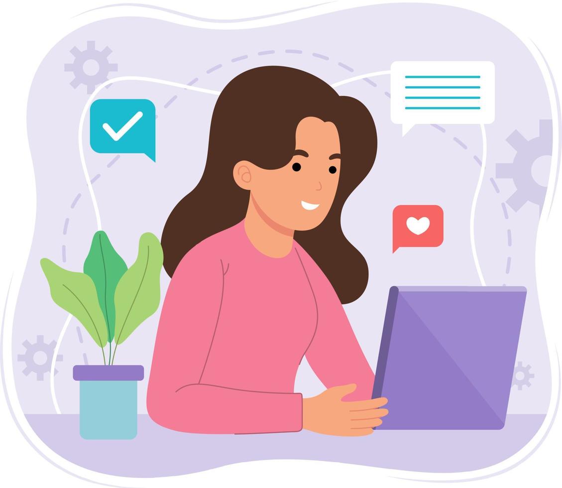 Cartoon happy young woman freelancer artist designer character working with laptop vector