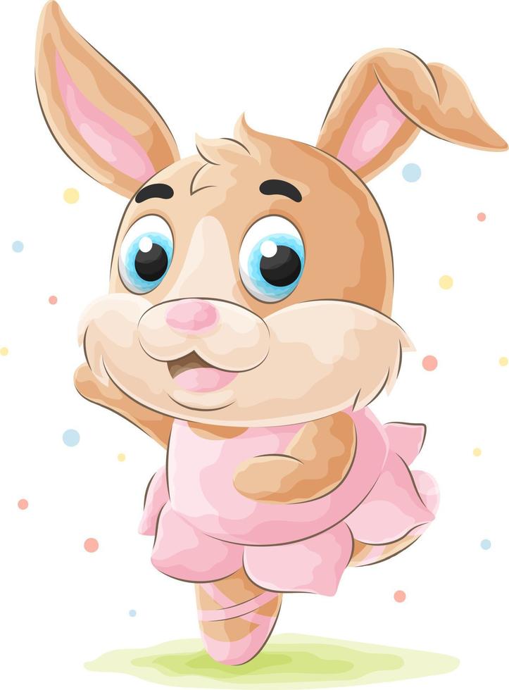 Cute doodle bunny dancing with watercolor illustration vector