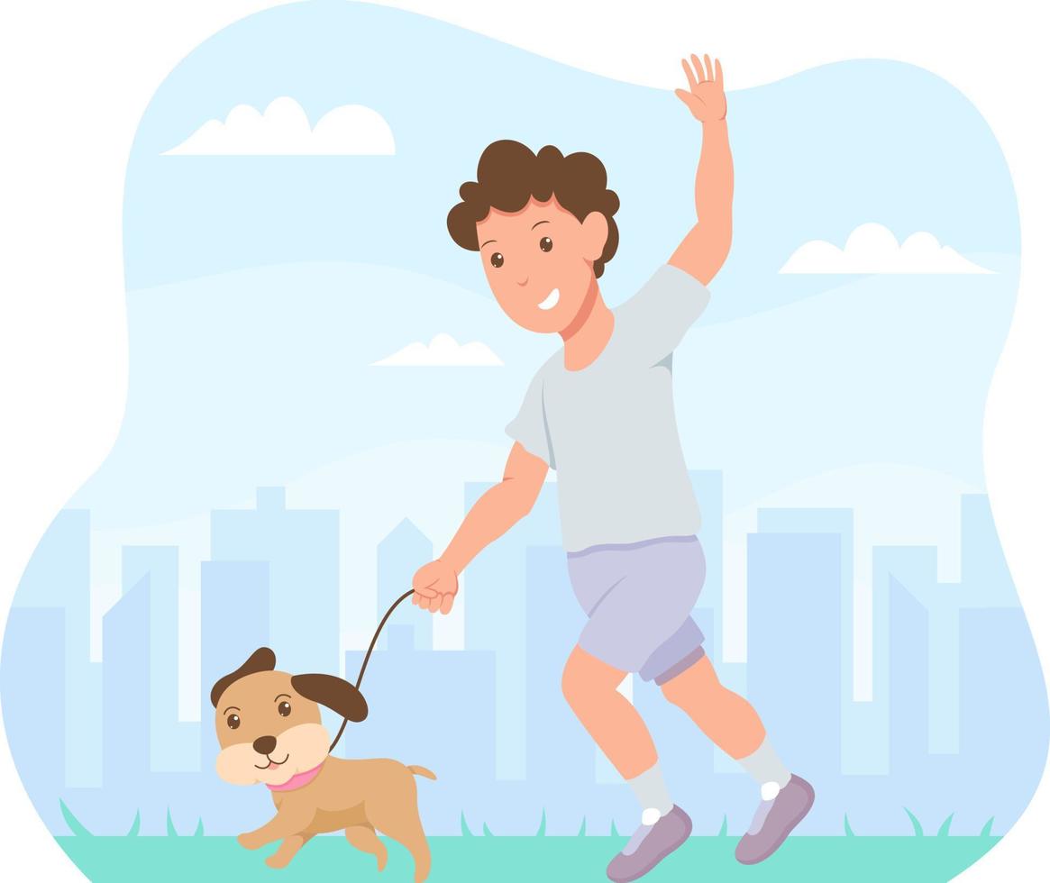 A man is on a morning run with a dog, against an urban background vector