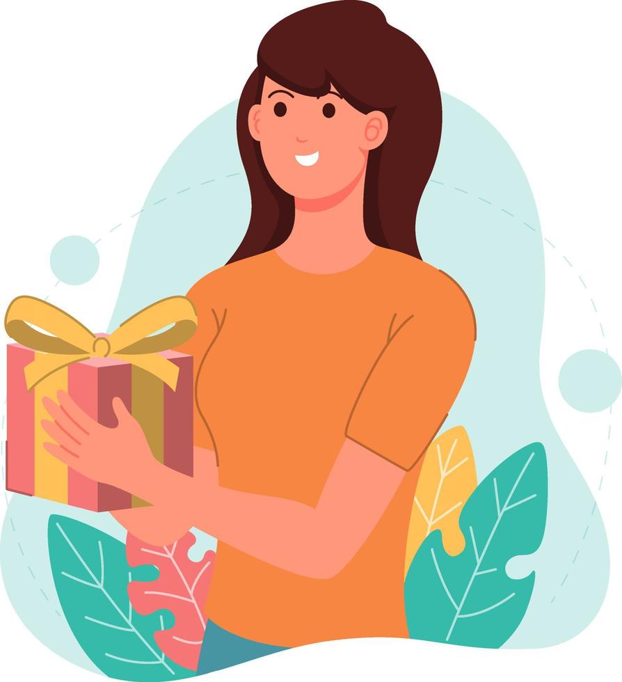 una mujer joven recibe una caja de regalo vector