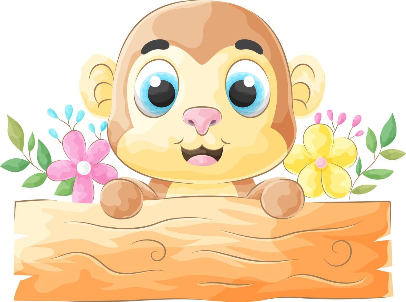 lindo mono con letrero de madera, ilustración acuarela vector