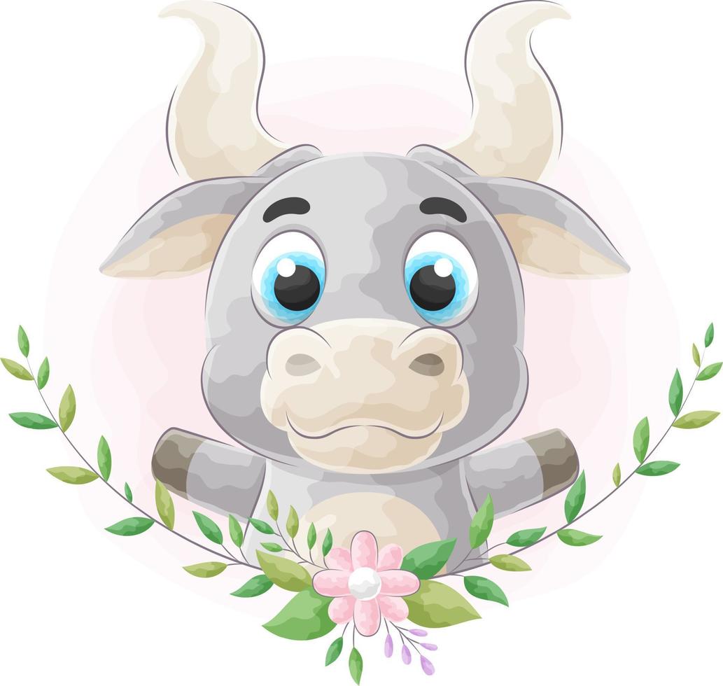 Cute doodle bull with watercolor illustration vector