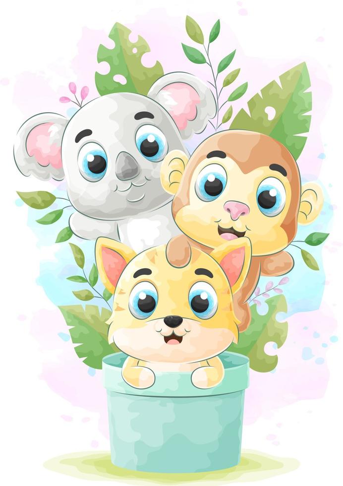 Cute wild animals watercolor illustration vector