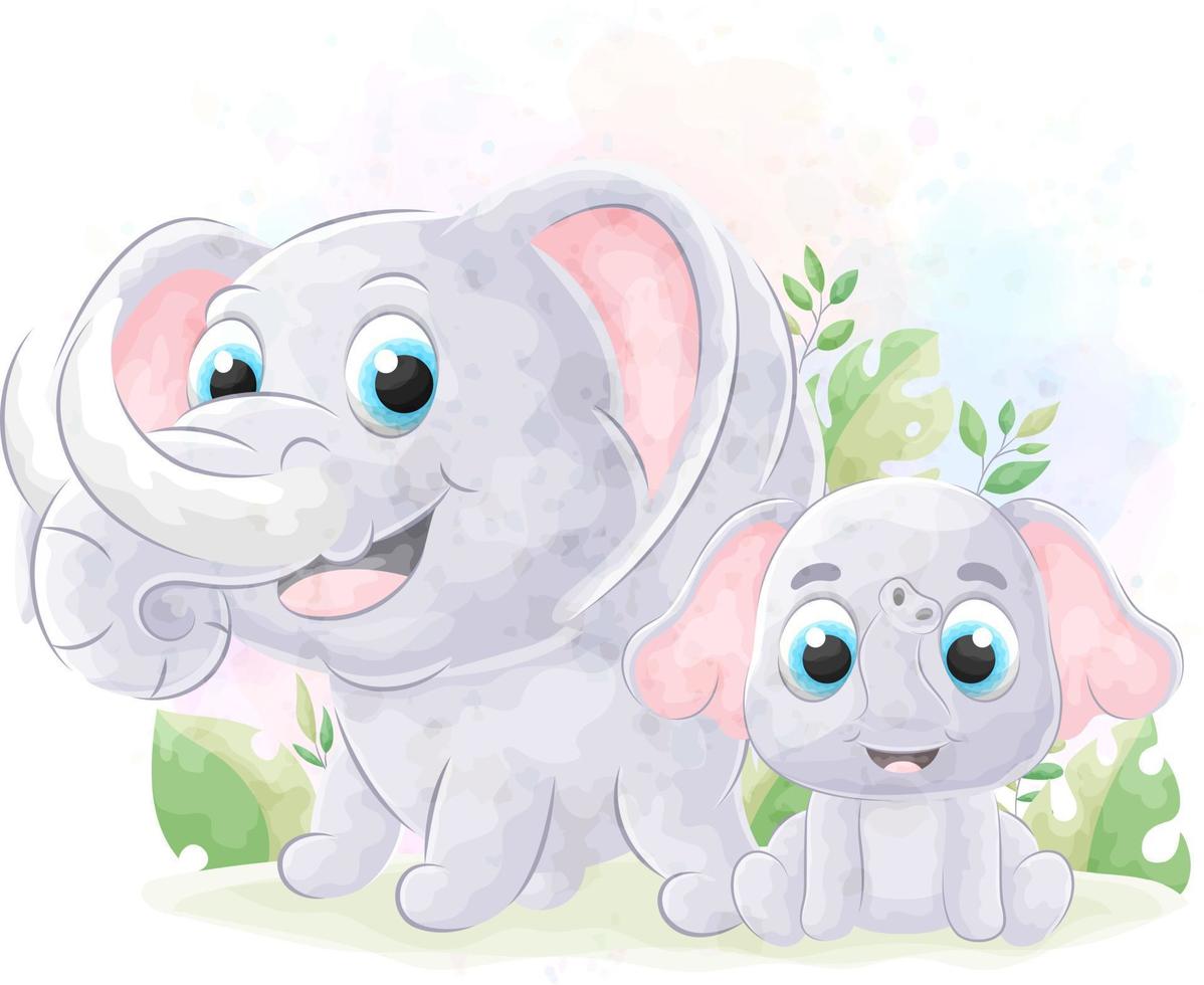 Cute doodle Elephant with watercolor illustration vector