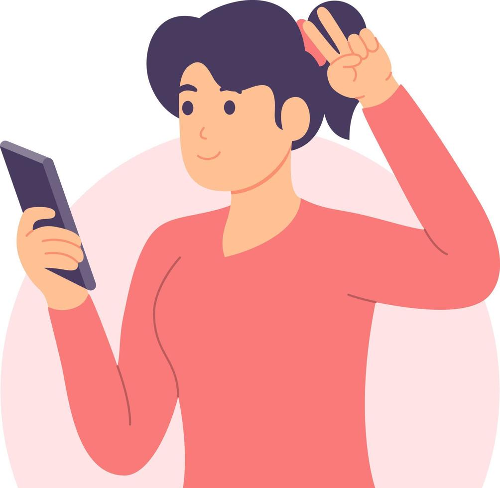 young woman taking selfie using cellphone vector