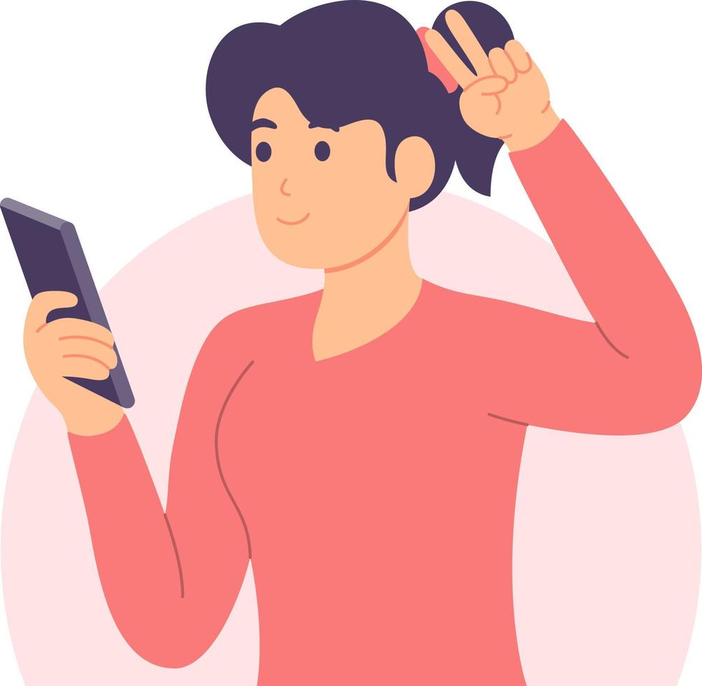 mujer joven tomando selfie usando celular vector