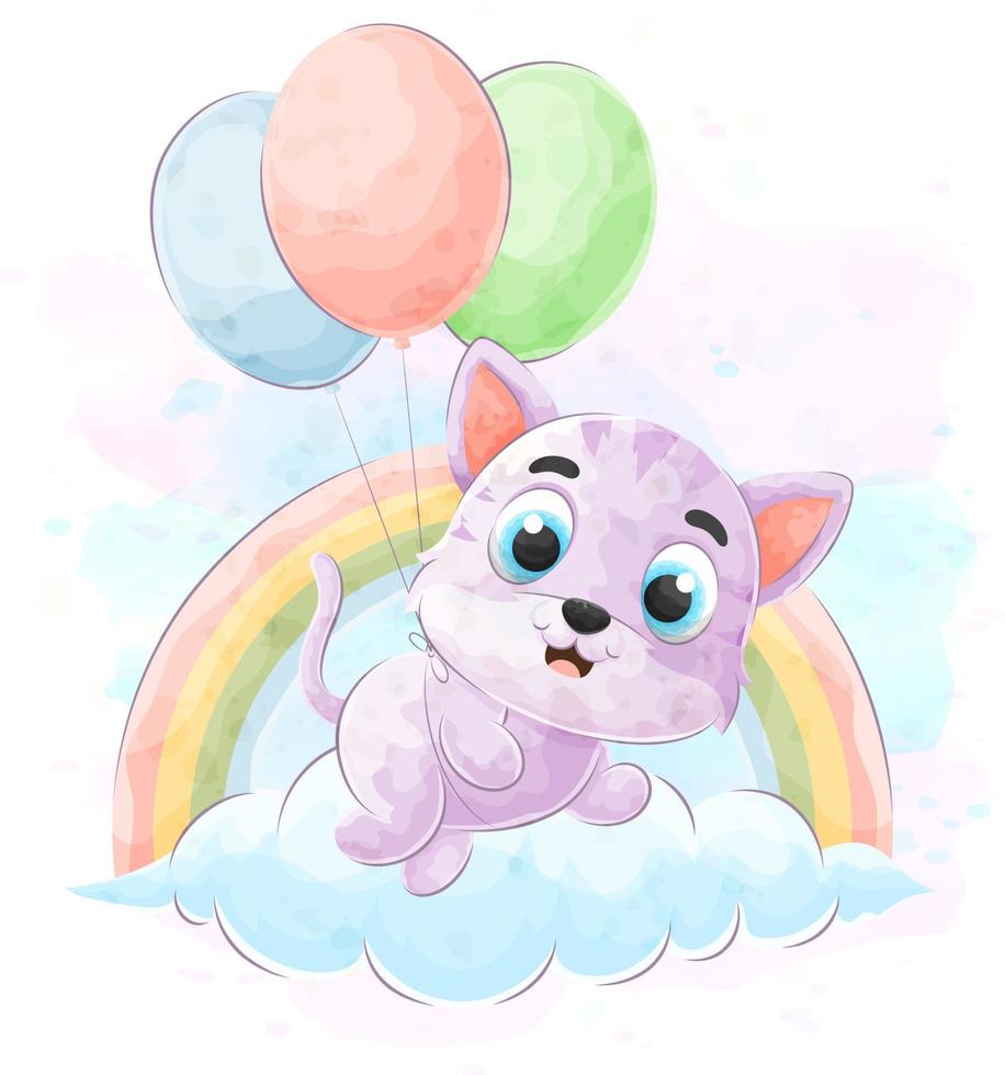 lindo gato garabato volando usando globos con ilustración de acuarela vector