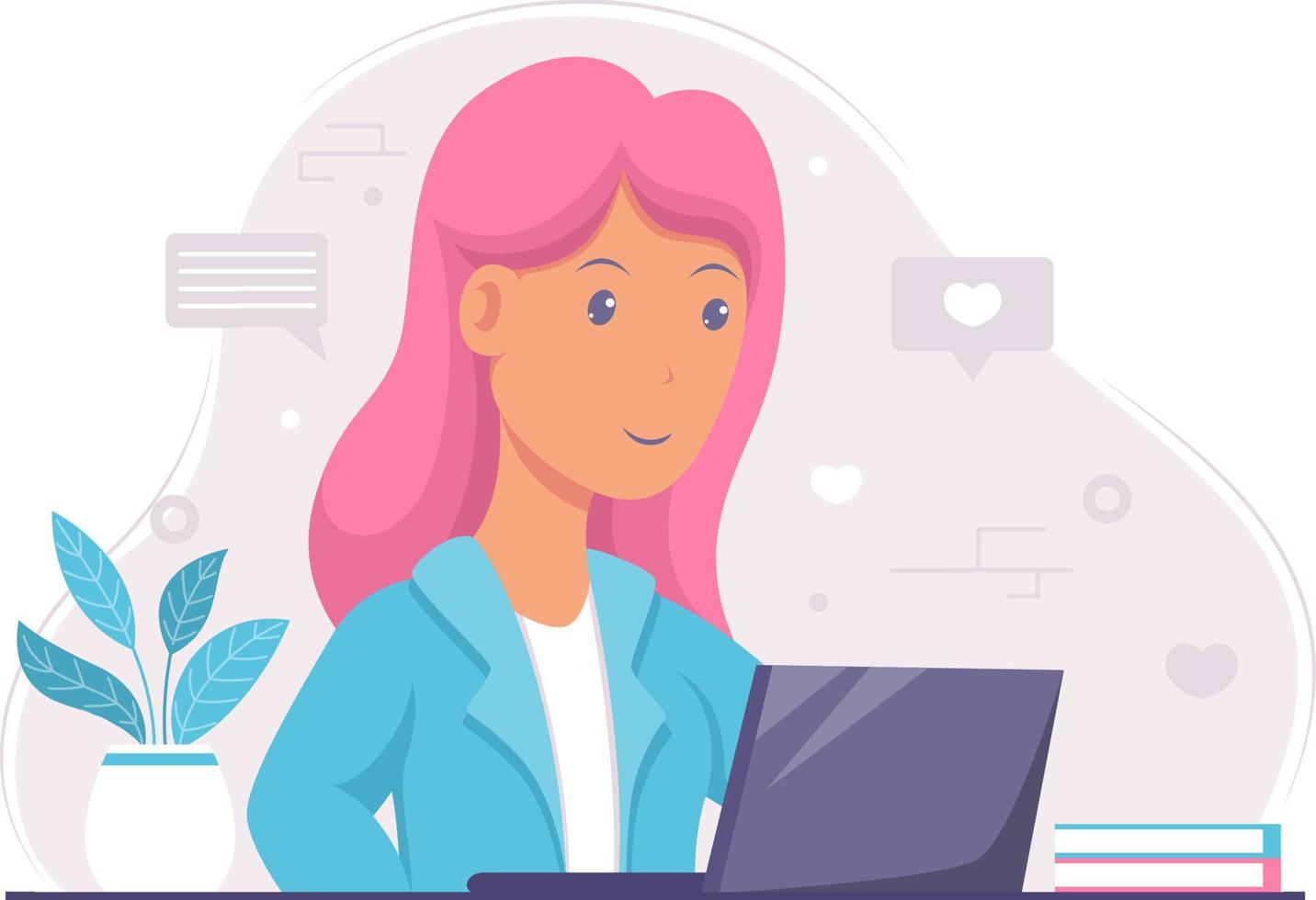 portrait of woman at work using her laptop vector