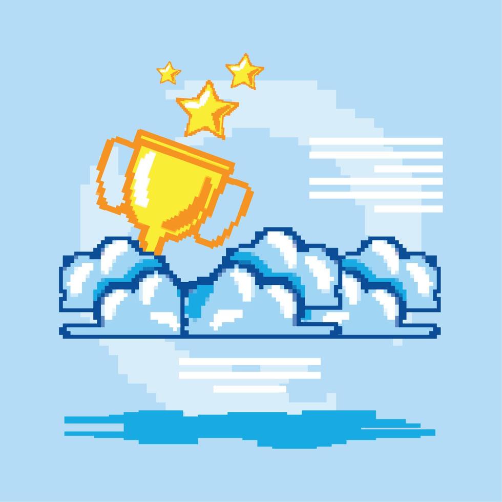 trofeo pixelado y nubes vector