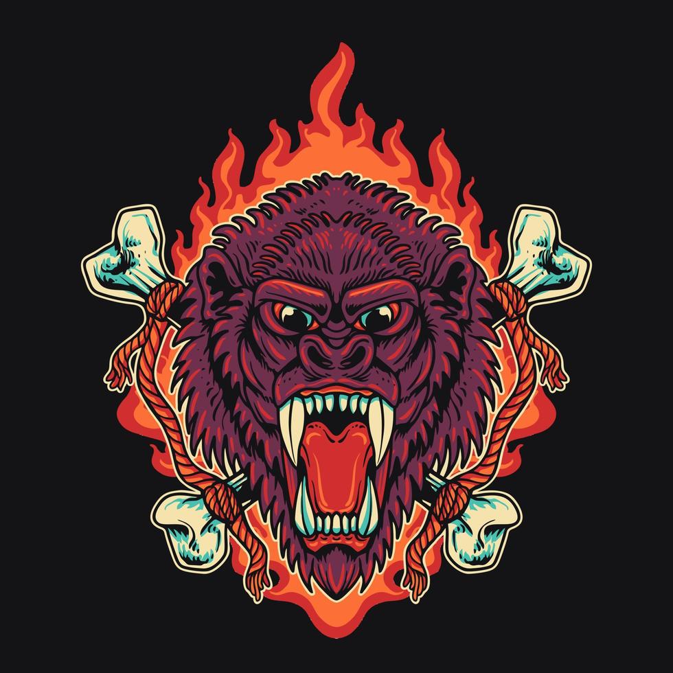 gorila cabeza fuego retro vector ilustración
