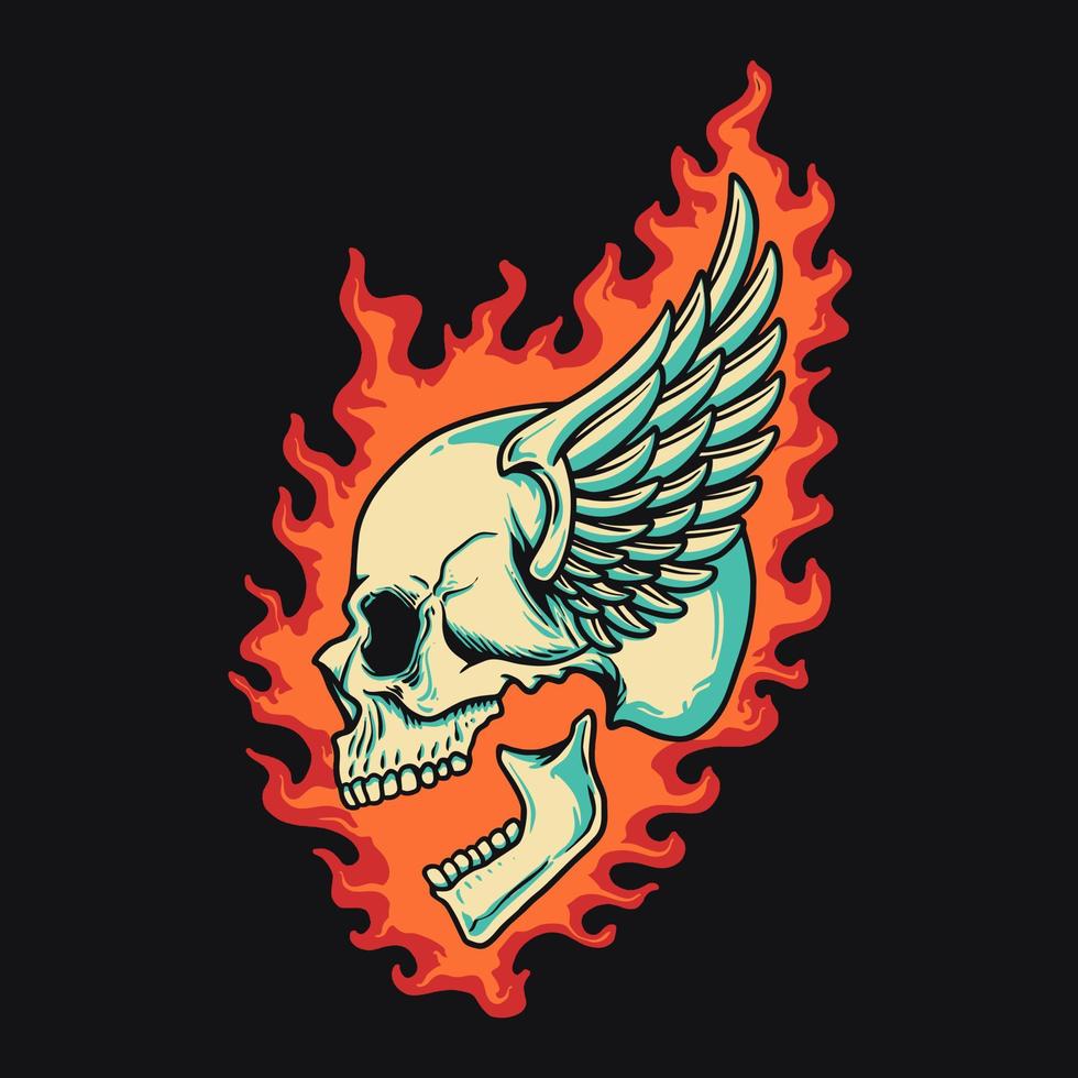 Skull Wing Fire Retro Vector Illustration