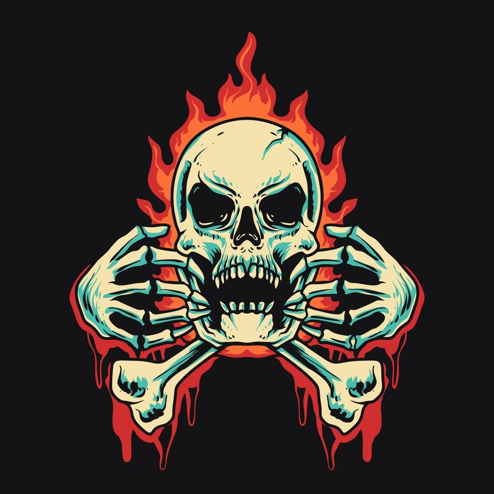 cráneo hueso fuego retro vector ilustración