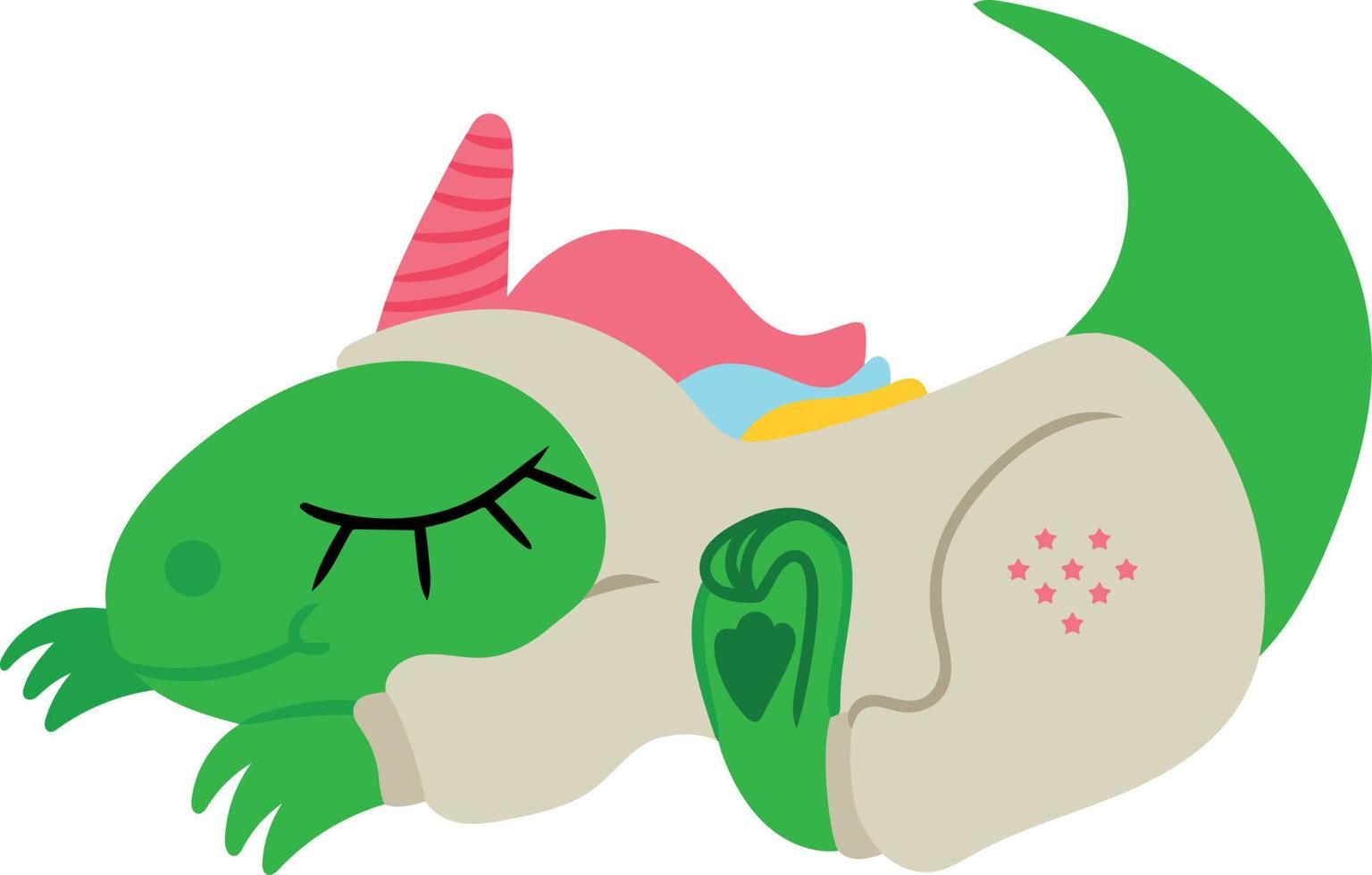 Dinosaur sleeps in cute costume of magical unicorn. Image is isolated on white background. Vector illustration for use as design element