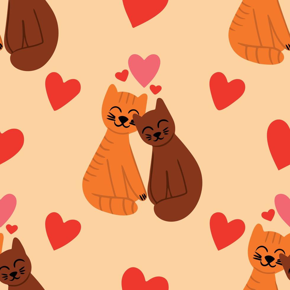 Pattern with cute pair of cats and hearts on colored background. Image isolated on peach background. Vector illustration. Design element for use in design of websites menu print on fabric