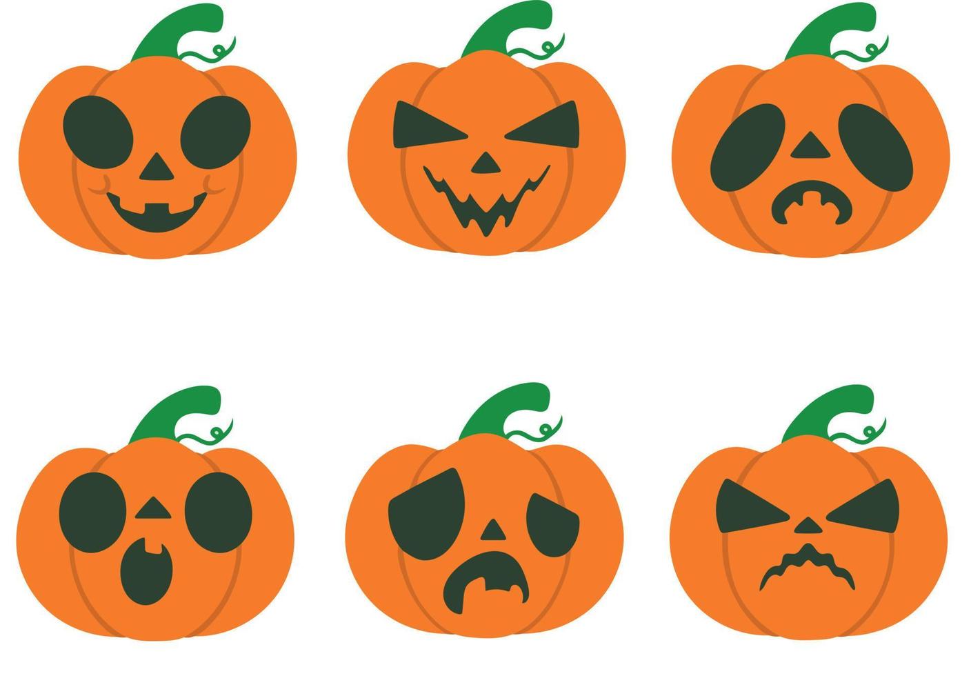 Collection of six helloween pumpkins with different emotions. Set isolated on white background. Vector illustration