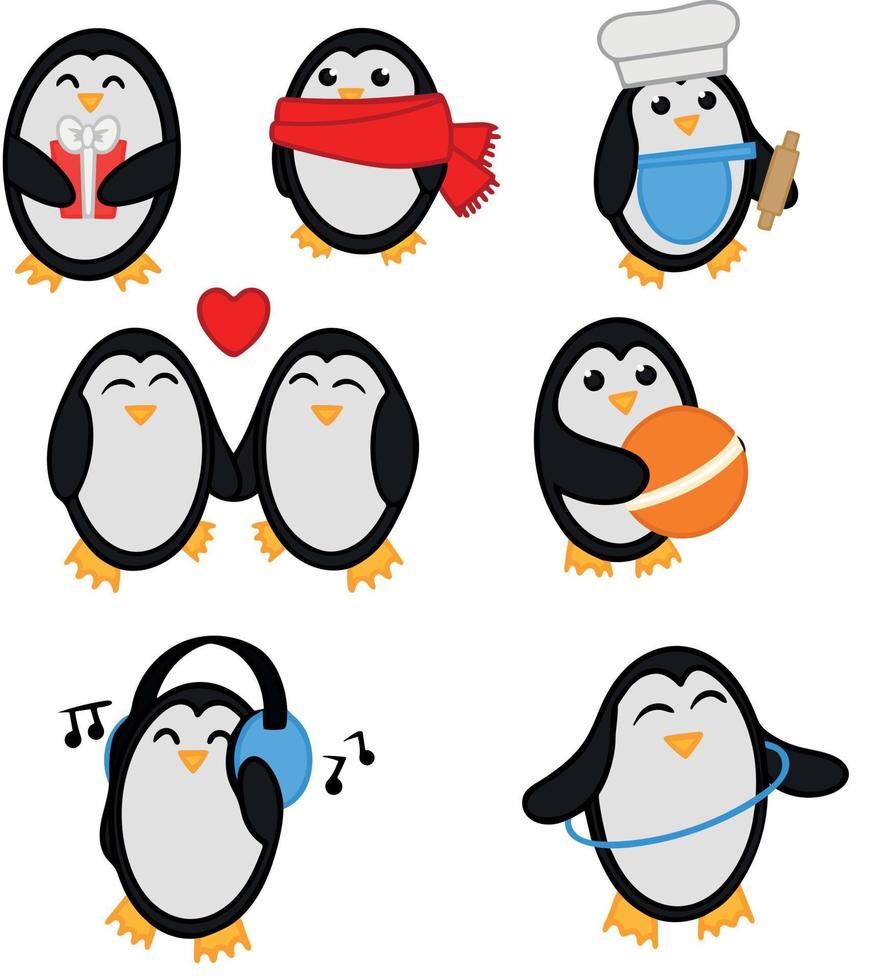 Collection of clip art cute penguins. Set of illustrations of penguins isolated on white background. Penguin with gift in red scarf with hula hoop penguin listening music. Vector illustration