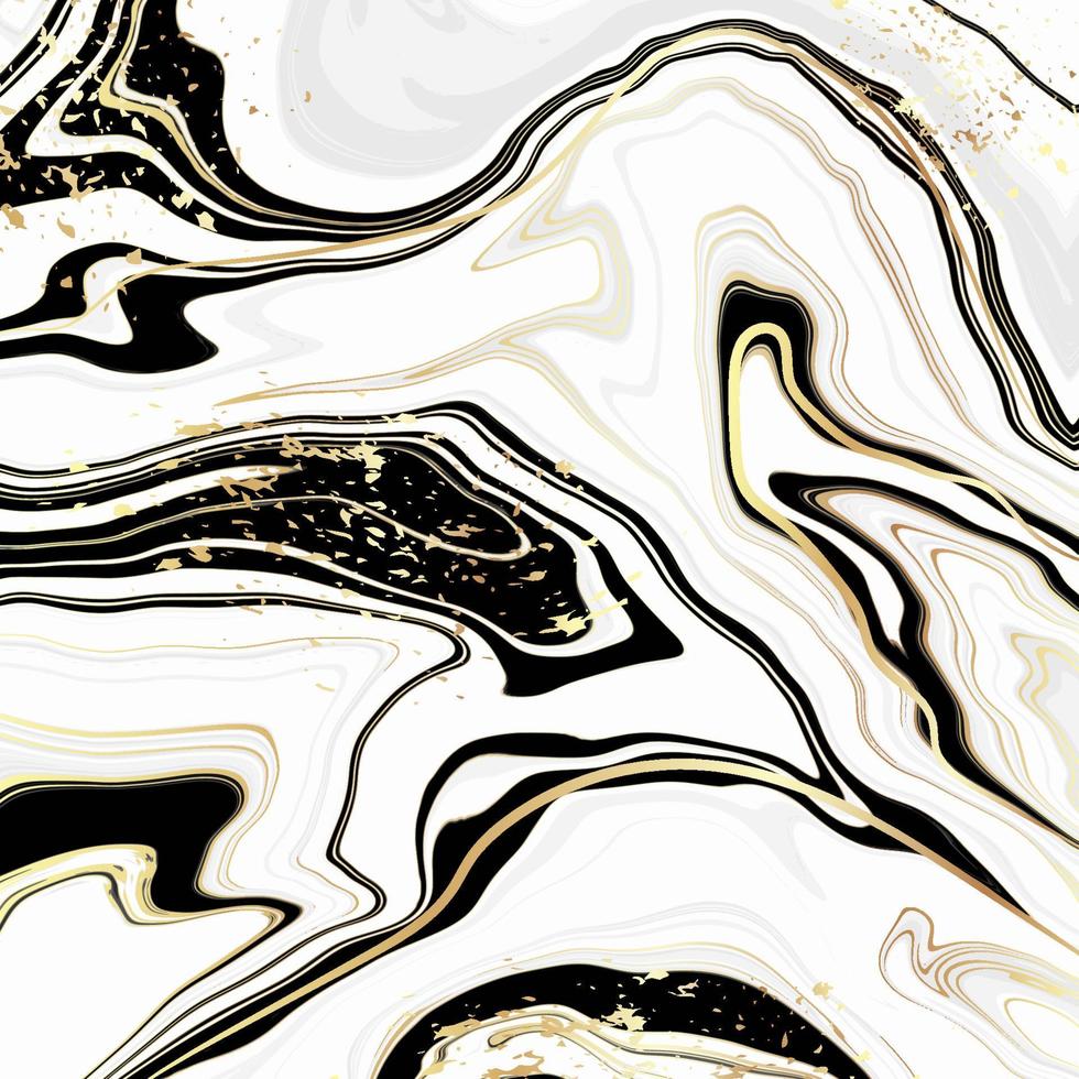 Abstract luxury liquid marble white, black and gold background. Golden marbled wave splash effect backdrop. Vector illustration of design template for banner, poster, card, wedding invitation.