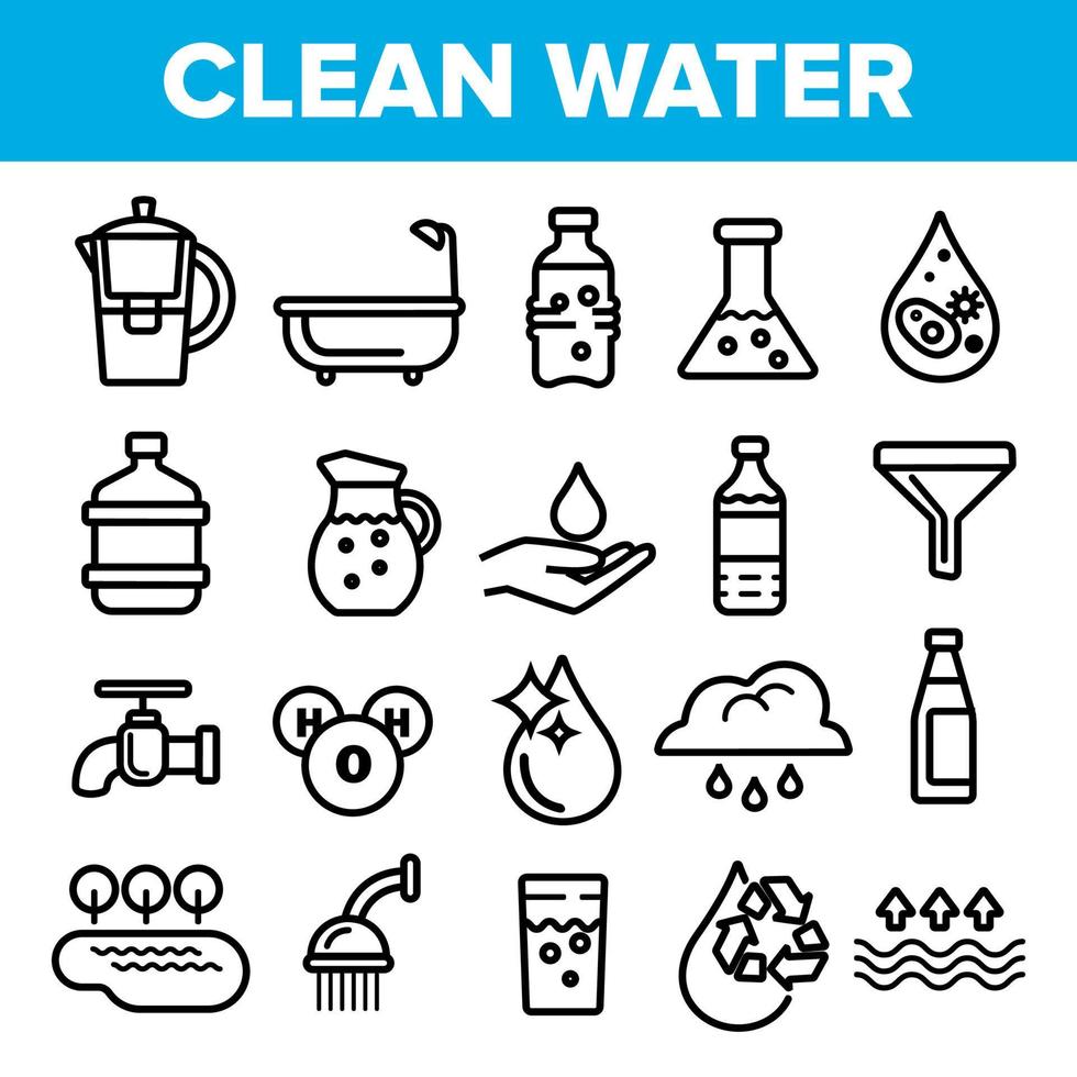 Clean Water Line Icon Set Vector. Nature Care. Drop Fresh Clean Water. Drink Eco Icon. Thin Outline Web Illustration vector