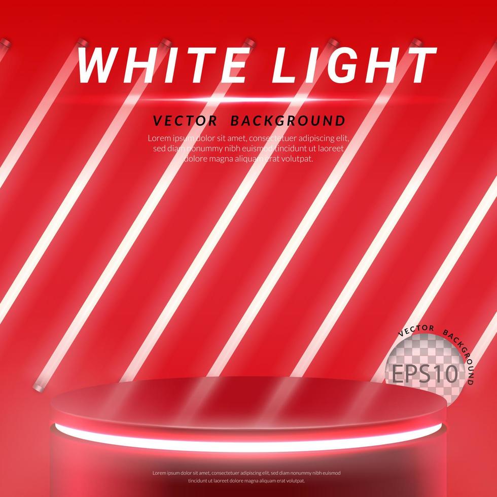 Red podium with white neon tube on red background, square layout, Vector illustration