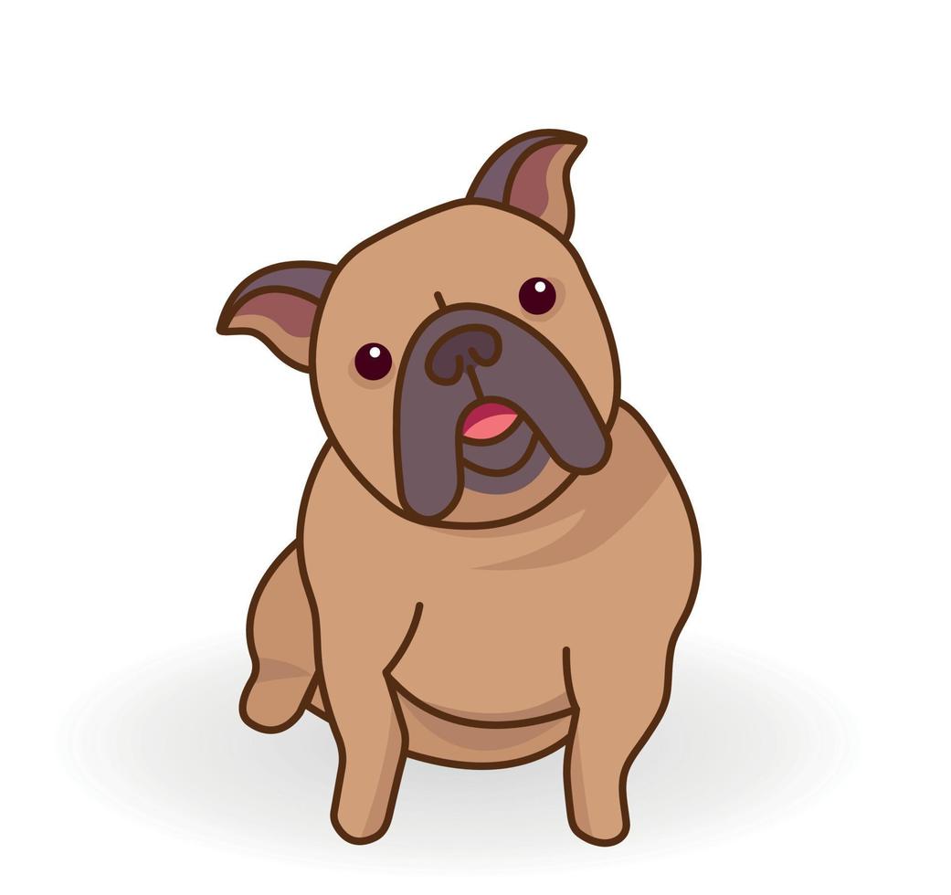 Happy French Bulldog or Frenchie sitting full face. Funny dog breed isolated on white background. Colorful vector illustration in flat cartoon style