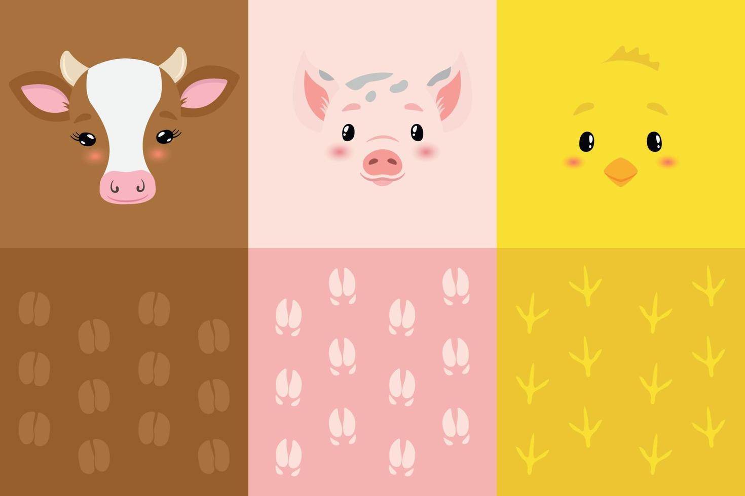 Cute simple farm animal portraits with paw prints - cow, pig, chicken. Great for designing baby clothes. Vector