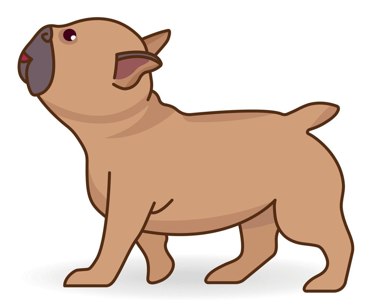 bulldog francés o frenchie feliz caminando de perfil. raza de perro divertido aislado sobre fondo blanco. ilustración de vector colorido en estilo de dibujos animados plana